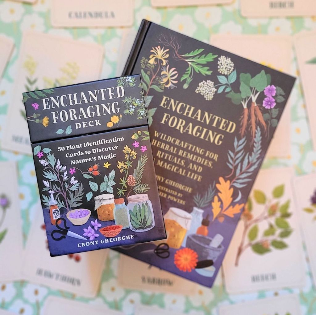 Photo of the Enchanted Foraging Deck laid above Enchanted Foraging. Both are laid above face up cards from the deck.