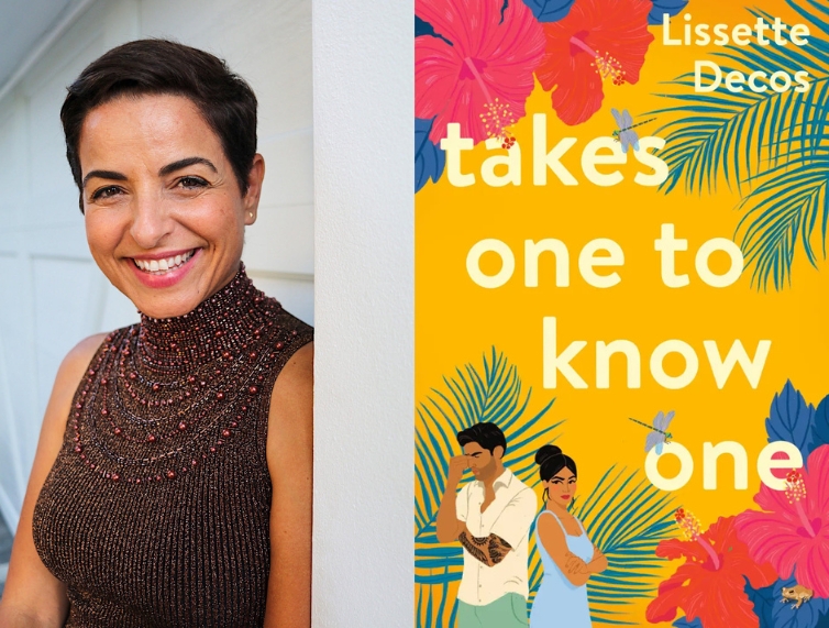 Headshot of Lissette Decos on right side, book cover of Takes One to Know One on left side